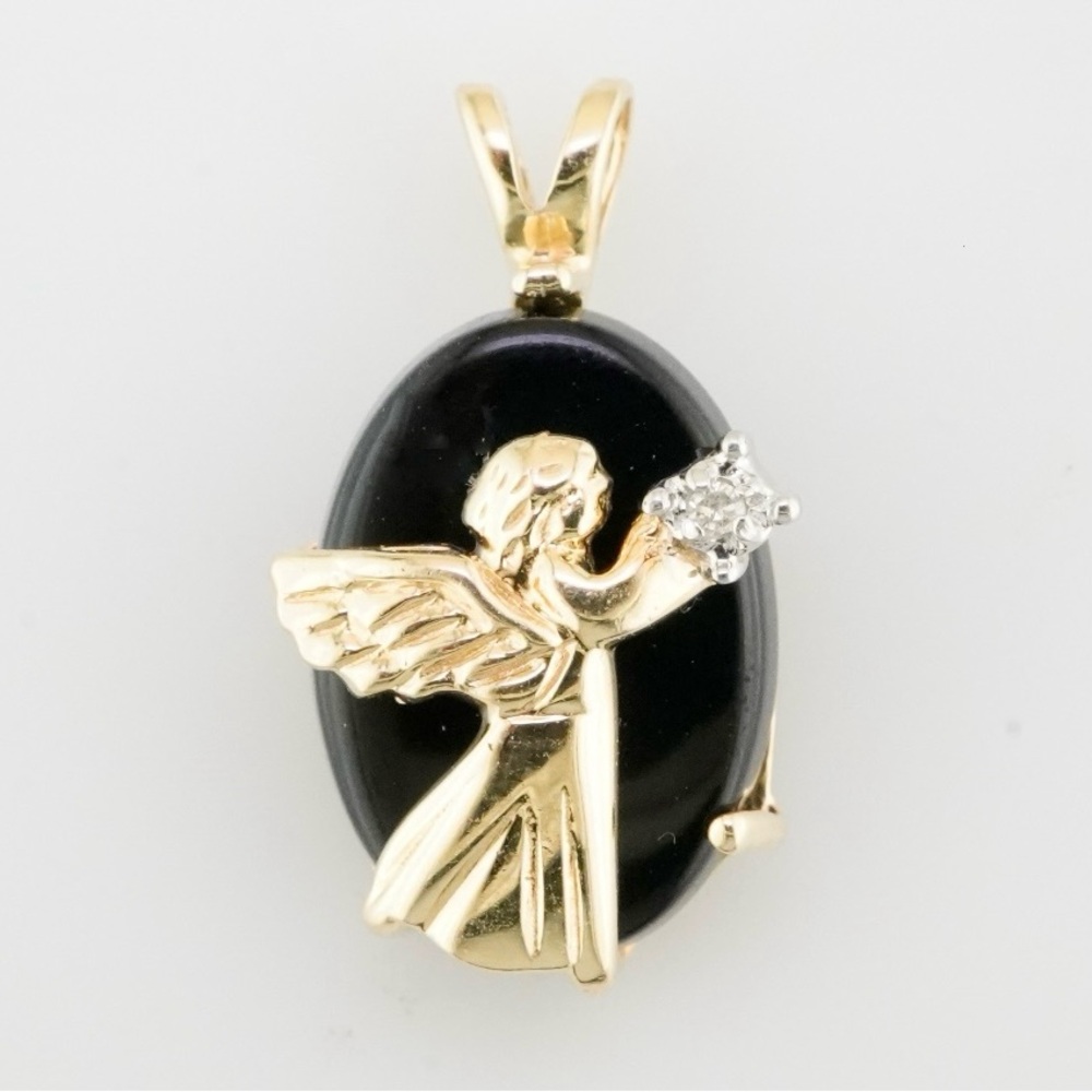 Solid 10k Gold Angel Pendant with onyx and natural diamond accent